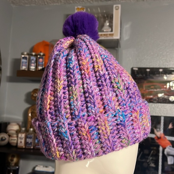 Handmade knitted Hat very cute Purple with a Pom Pom on Top - Picture 7 of 9